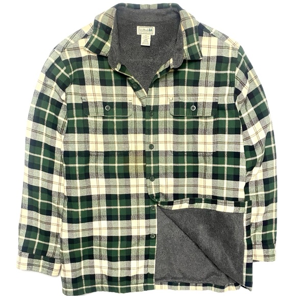 Vintage LL Bean Sherpa Lined Long Sleeve Button Down Plaid Flannel Shirt Jacket - Picture 1 of 12
